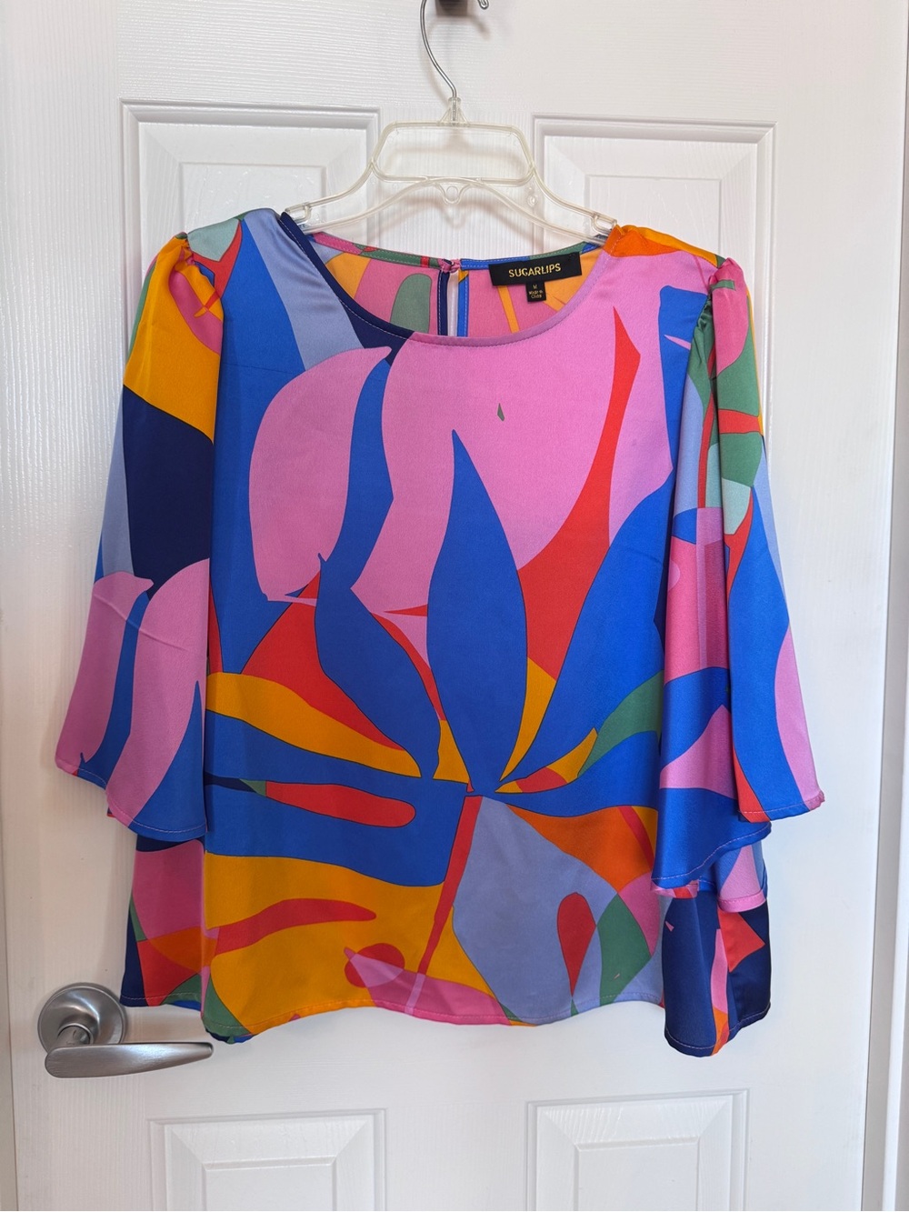 Sugarlips Vibrant Abstract Bell Sleeve Blouse in Pink, Blue & Yellow